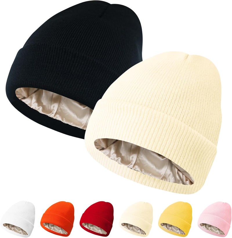PFFY 2 Packs Womens Satin Lined Beanie Hat Silk Lining Winter Hats Beanies for Women Soft Slouchy Beanie Skull Cap - Image 1